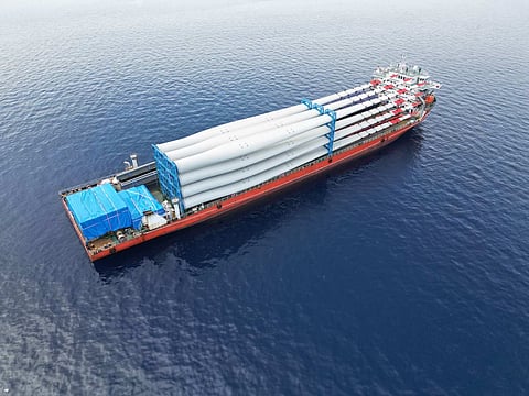 TWELVE 90-meter wind turbine blades, part of the first shipment for Alternergy’s 128-megawatt Tanay Wind Power Project, arrives at Dinahican Port in Infanta, Quezon.