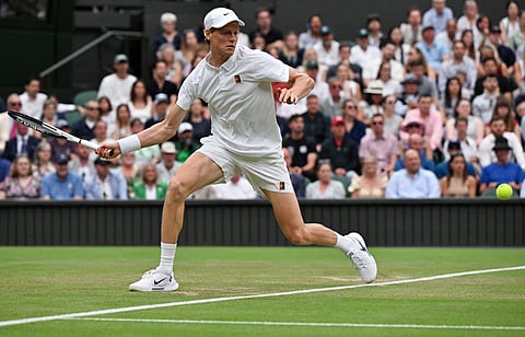 ITALY'S Jannik Sinner plays a forehand return to Spain's Pedro Martinez during their men's singles third round tennis match on the sixth day of the 2025 Wimbledon Championships at The All England Lawn Tennis and Croquet Club in Wimbledon, southwest London, on July 5, 2025.