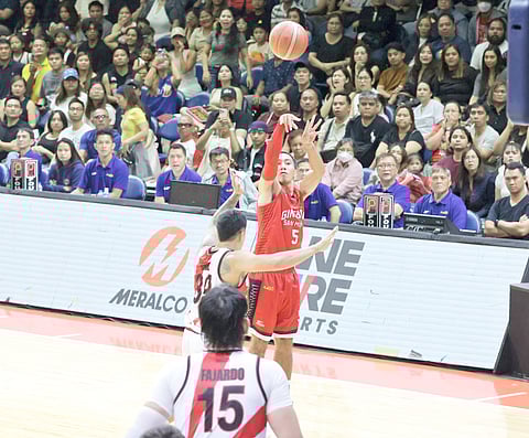 LA Tenorio fires the triple that gave Barangay Ginebra an 88-87 win in Game 6 of their PBA Philippine Cup semifinal series with San Miguel on Sunday.