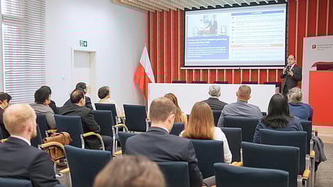 PEZA Director General Tereso Panga addresses Polish investors during a business forum in Warsaw, highlighting the Philippines’ push for sustainable and innovation-driven investments.