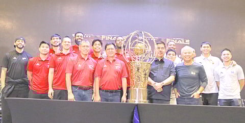 PBA commissioner Willie Marcial (center) presents the TNT Tropang 5G led by coach Chot Reyes and San Miguel Beer bannered by coach Leo Austria to media ahead of their Philippine Cup best-of-seven finals series that starts on Sunday at the Smart Araneta Coliseum.