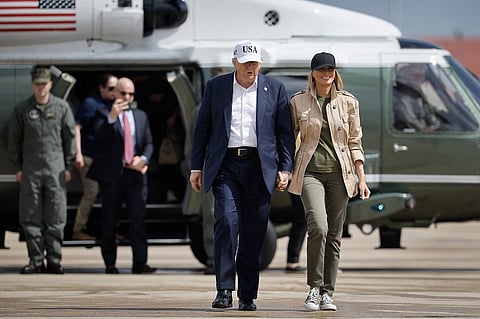 President Donald Trump and first lady Melania Trump arrive at Lackland Air Force Base to board Air Force One and return to Washington after visiting Kerrville, Texas where they met with state and local leaders, first responders and victims of last week's flash flooding on 11 July 2025 in San Antonio, Texas. Trump traveled to Texas one week after flash flooding along the Guadalupe River swept through cities, mobile home parks and summer camps, killing 120 people. Ninety-six of those killed were in Kerr County, where the toll includes at least 36 children.