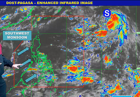 PAGASA satellite image as of 5 AM on Sunday, 13 July 2025, showing Tropical Storm "Nari," the southwest monsoon, and a cloud cluster being monitored east of Mindanao