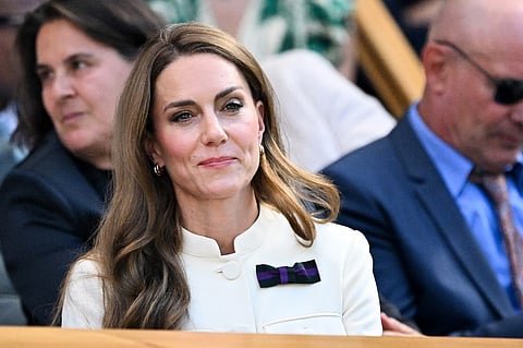 Britain's Catherine, Princess of Wales reacts as she sits in the Royal Box on Centre Court for their women's singles final tennis match between Poland's Iga Swiatek and US player Amanda Anisimova on the thirteenth day of the 2025 Wimbledon Championships at The All England Lawn Tennis and Croquet Club in Wimbledon, southwest London, on July 12, 2025.