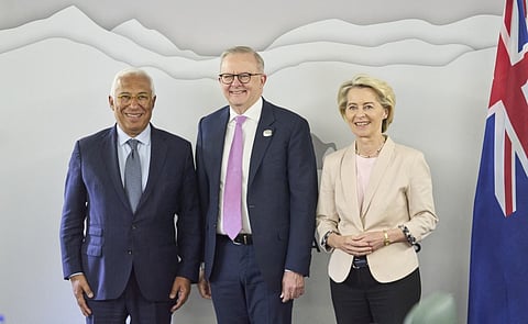 European Council President António Costa (L), Australian Prime Minister Anthony Albanese (C), and European Union President Ursula von der Leyen (R) pose for photographers during a bilateral meeting at the Group of Seven (G7) Summit in Kananaskis, Alberta on June 17, 2025.