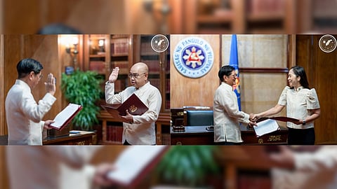 NEWLY appointed cabinet members Presidential Communications Office Acting Secretary Dave Gomez and Energy Secretary Sharon Garin take their oath of office before President Ferdinand Marcos Jr. on Monday