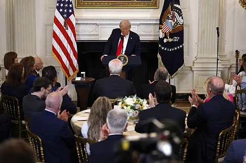 UNITED States President Donald Trump delivers remarks during a White House Faith Office luncheon in the State Dining Room in Washington, DC. Trump told Russia on Monday to end its war in Ukraine within 50 days or face massive new economic sanctions, as he laid out plans for infusions of weaponry for Kyiv via NATO.