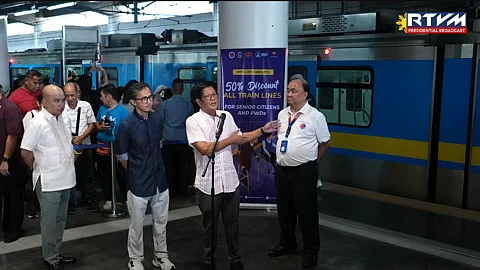 President Ferdinand Marcos Jr. leads the inaugural service of the government procured Dalian trains at the MRT-3 Santolan-Annapolis Station in Quezon City. The train car behind him is one of three out of 48 Dalian trains bought from China in 2014 but was unable to put into service due to technical compatibility issues” with the local rail systems.