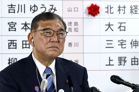 Japan's Prime Minister Shigeru Ishiba addresses the media at the vote counting center in the Liberal Democratic Party (LDP) headquarters in Tokyo on July 20, 2025. Ishiba's coalition lost its upper house majority in elections on July 20, local media projected, in a debacle that could end his short premiership.