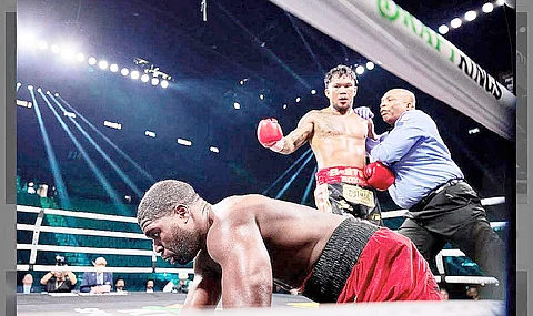 EUMIR Marcial sends Bernard Joseph crashing during their middleweight bout on Sunday (Manila time) at the MGM Grand Garden Arena in Las Vegas.