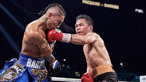 MARIO Barrios suffers a punishing blow from Manny Pacquiao during their WBC welterweight title fight on Sunday (Manila time) at the MGM Grand Garden Arena in Las Vegas.