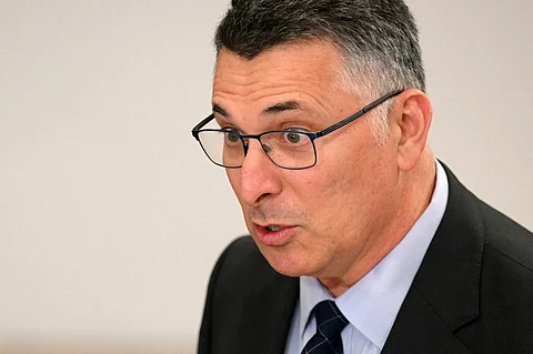 Israel's Foreign Minister Gideon Saar talks to journalists on the sidelines of the EU-Southern Neighbourhood Ministerial Meeting in Brussels on July 14, 2025. The meeting gathers ministers from the EU and the region ahead of the 30th anniversary year of the Barcelona Declaration in November.