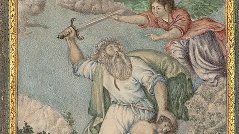The painting at the center of this page is copied after a Flemish engraving, and depicts the biblical story of Abraham's sacrifice of his son Isaac. European paintings and engravings were first available in Iran and copied during the Safavid period (1501–1722), and this scene in particular remained popular through the eighteenth and nineteenth centuries. This version is in fact quite similar to a seventeenth-century painting signed by the Safavid artist Muhammad Zaman. The painting has been set into a frame with a dense flower and bird (gul-o-bul-bul) design, signed by Fathallah Sani'zada. The inscriptional medallion at the bottom of the page that gives his name also dedicates the work to Vusuq al-Dawleh, who was prime minister at the time.