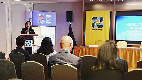 PEZA Deputy Director General for Policy and Planning Anidelle Joy Alguso delivers an inspirational message during the ceremonial signing of the partnership with DOST-TAPI, highlighting the role of innovation and collaboration in driving inclusive economic growth.