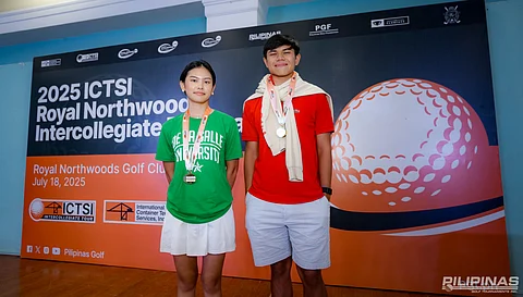 LA Salle’s Julia Lua (left) and UP’s Joshua Buenaventura display their medals after clinching the individual titles in Round 1 of the ICTSI Intercollegiate Golf Tour at the Royal Northwoods Golf and Country Club in San Rafael, Bulacan over the weekend.