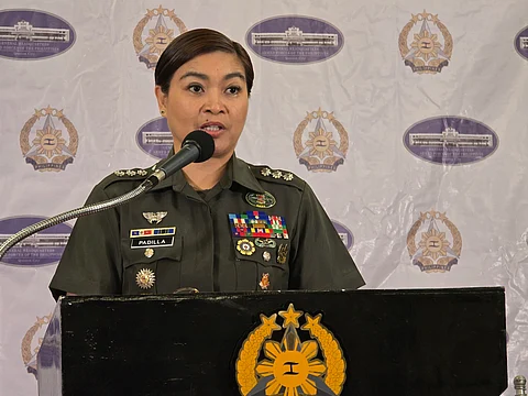 Col. Francel Margareth Padilla speaking with media in a press conference at the Camp Emilio Aguinaldo in Quezon City on Tuesday, 22 July 2025. (Photo by Lade Kabagani)