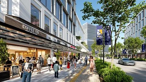 Soon, businesses will rise within the Riverpark North Commercial Lots (Artist’s perspective).