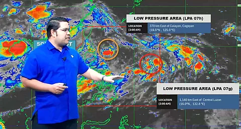 A PAGASA weather presenter provides the update on three low-pressure areas — one of which has developed into tropical storm ‘Dante’ — and the enhanced southwest monsoon (habagat) currently affecting the country.