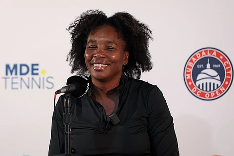 WASHINGTON, DC - JULY 22: Venus Williams participates in a press conference after winning a women's single match against Peyton Stearns (not pictured) on day 2 of the Mubadala Citi DC Open 2025 at William H.G. FitzGerald Tennis Center on July 22, 2025 in Washington, DC.