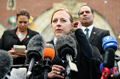 Climate Litigation and Justice counsel for Vanuatu, Dutch expert Margaretha Wewerinke-Singh, speaks to the media after an International Court of Justice (ICJ) session tasked with issuing the first Advisory Opinion (AO) on states' legal obligations to address climate change, in The Hague on July 23, 2025. The world's highest court on July 23 declared that states have a legal obligation to tackle climate change and that failing to do so was a "wrongful act" that could open the door to reparations.