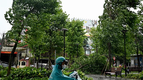 A man wearing a raincoat rides an electric motorbike past a tree that fell due to strong winds in Hanoi on July 22, 2025.