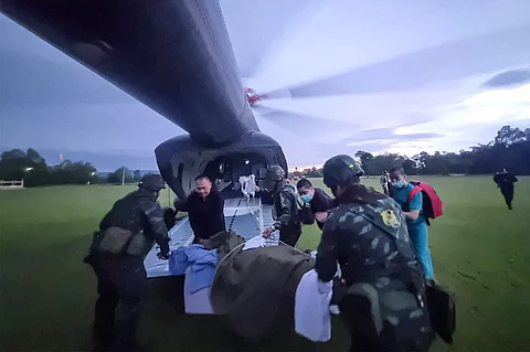 A THAI soldier who was injured by stepping on a landmine is airlifted to a hospital in Ubon Ratchathani province.