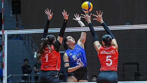 JOVELYN Gonzaga of ZUS Coffee attacks the Chery Tiggo defense during their PVL On Tour game on Tuesday at the Candon City Arena in Candon, Ilocos Sur. The Thunderbelles prevailed, 19-25, 25-22, 18-25, 25-19, 15-6.