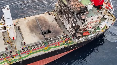 This handout picture released by Yemen's Huthi Ansarullah Media Centre on July 8, 2025 reportedly shows a view of damage to the Liberia-flagged bulk carrier Eternity C after it was attacked by the Huthis at sea. The Huthis claimed responsibility on July 9 for the deadly attack that sank the merchant vessel earlier this week, their second attack on Red Sea shipping in 24 hours as they resumed their campaign in the key waterway. The ship was badly damaged in the attack that started on July 7 and continued into the following day before the ship sank.
ANSARULLAH MEDIA CENTRE / AFP