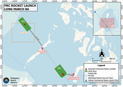 ESTIMATED debris drop zone from China's Long March 8A rocket launch