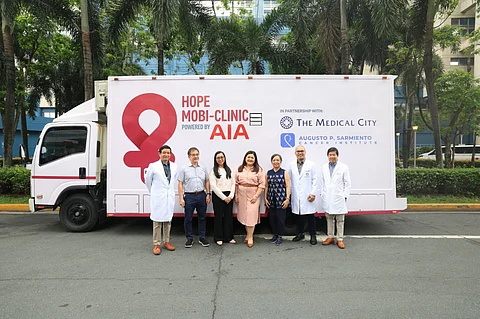 LEADERS of The Medical City, AIA Philippines, Akbay Ginhawa Foundation, and SCRAP Cancer in front of the newly revamped Hope Mobi-Clinic(L-R): Dr. Ruben G. Kasala, Executive Vice President and CEO of The Medical City; Dr. Rafael S. Claudio, President, Akbay Ginhawa Foundation Inc; Judy San Jose, Chief Technology and Operations Officer, AIA Philippines; Melissa Henson, Chief Marketing Officer, AIA Philippines, Dr. Beatrice J. Tiangco, SCRAP (Screen and Prevent) Cancer Program Director; Dr. Carlo Angelo Cajucom, Director of Augusto P. Sarmiento Cancer Institute; and Dr. Gregorio S. Martinez, Jr., Chief Medical Officer, The Medical City