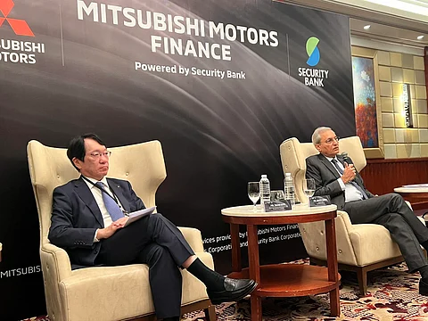 Takao Kato, representative executive director for the president and CEO of Mitsubishi Motors Corporation (left) and Security Bank Corporation president and CEO, Sanjiv Vohra, face members of the media at the sidelines of the launch of Mitsubishi Motors Finance Philippines Inc., a joint venture of the two firms offering a new financial services initiative designed to enhance the customer experience and support the growth of Mitsubishi Motors’ mobility solutions.