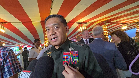 AFP chief General Romeo Brawner Jr. talking to reporters in an ambush interview aboard the Indian Navy’s INS Shakti (A57) on Thursday evening, July 31, 2025. (Photo by Lade Kabagani for the DAILY TRIBUNE)