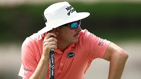 Joel Dahmen of the United States looks on from the 15th green during the first round of the Wyndham Championship 2025 at Sedgefield Country Club on Thursday in Greensboro, North Carolina.