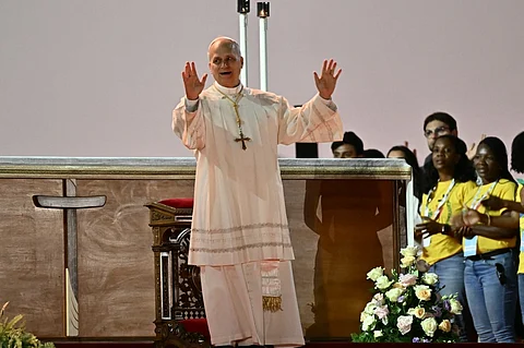 Pope Leo XIV greets the crowd during a prayer vigil before Sunday Mass as part of the Jubilee of Youth, in Rome's eastern Tor Vergata neighbourhood on August 2, 2025.
Thousands of young Catholics began assembling on August 2, 2025 for an evening prayer vigil led by Pope Leo XIV, the culmination of a week-long pilgrimage and a key event in the Jubilee holy year that is expected to draw up to a million people.