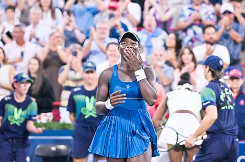 VICTORIA Mboko celebrates after stunning Coco Gauff in the WTA 1000 National Bank Open at IGA Stadium.