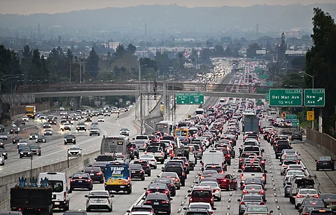 (FILES) Traffic on a Los Angeles freeway during the evening rush hour commute on April 12, 2023 in Alhambra, California. The US Environmental Protection Agency (EPA) on July 29, 2025, issued a proposal to rescind a foundational scientific finding that underpins the federal government's authority to limit greenhouse gas emissions from motor vehicles and, more broadly, to address climate change.