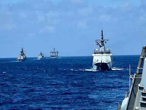 BRP Miguel Malvar (FFG06) saling alongside the Indian Navy’s guided-missile destroyer INS Delhi (D61), fleet tanker INS Shakti (A57), and anti-submarine warfare corvette INS Kiltan (P30) in the West Philippine Sea on Monday. (Photo by Lade Kabagani)