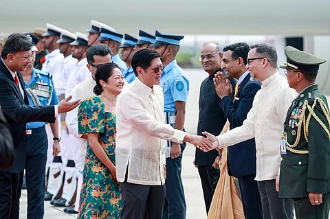 PRESIDENT Ferdinand Marcos Jr. and First Lady Liza Marcos are welcomed by Minister of State for External Affairs Shri Pabitra Margherita, Philippine Ambassador to India Josel F. Ignacio, and Defense and Armed Forces Attaché Col. Rolando P. Gomez upon their arrival in India on Monday for a five-day state visit.