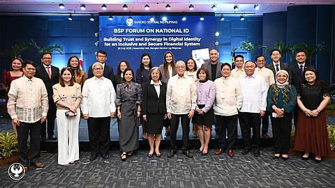 BSP Governor Eli M. Remolona, Jr. (front row, center) joins key officials and partners from the public and private sectors during the National ID Forum at the BSP Head Office in Manila, pushing for broader adoption of the National ID system to enhance financial inclusion and digital security.