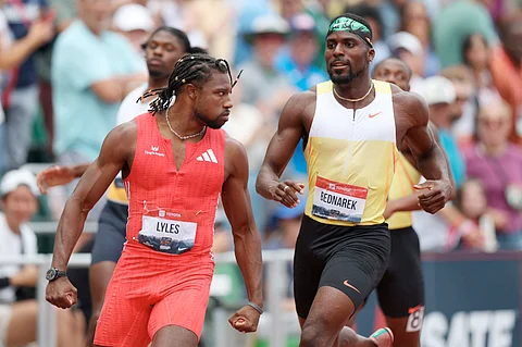 NOAH Lyles stares at Kenny Bednarek en route to winning the men’s 200-meter run in 19.63 seconds during the US trials in Oregon.