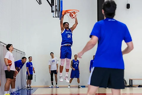 AJ Edu soars for a dunk during Gilas Pilipinas’ final practice session before facing Chinese Taipei in the preliminaries of the 33rd FIBA Asia Cup in Jeddah, Saudi Arabia.