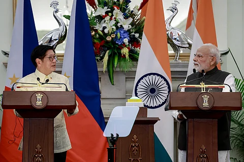 President Ferdinand R. Marcos Jr. and Indian Prime Minister Narendra Modi deliver their statements during a joint press conference at Hyberbad House in New Delhi, India, on Tuesday, August 5, 2025.The leaders also witness the presentation and exchange of bilateral agreements between their respective Cabinet Secretaries and Ministers. Another highlight of the event is the unveiling of a commemorative stamp, which marks the 75th anniversary of the establishment of diplomatic relations between the Philippines and India.