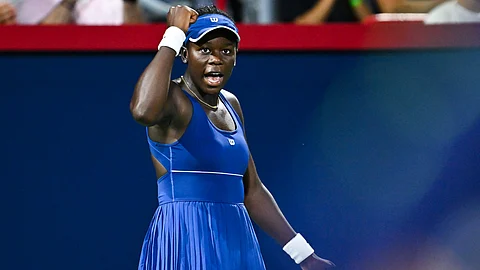 MONTREAL, CANADA - AUGUST 04: Victoria Mboko of Canada celebrates a point against Jessica Bouzas Maneiro of Spain during their quarterfinals singles women's match on Day Nine of the WTA 1000 National Bank Open at IGA Stadium on August 4, 2025 in Montreal, Quebec, Canada.