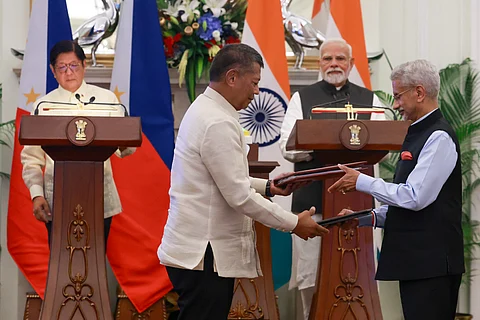 PRESIDENT Ferdinand R. Marcos Jr. and Indian Prime Minister Narendra Modi deliver joint statements at Hyderabad House in New Delhi on Tuesday. The leaders also witnessed the exchange of bilateral agreements and unveiled a commemorative stamp marking 75 years of Philippines-India diplomatic ties.