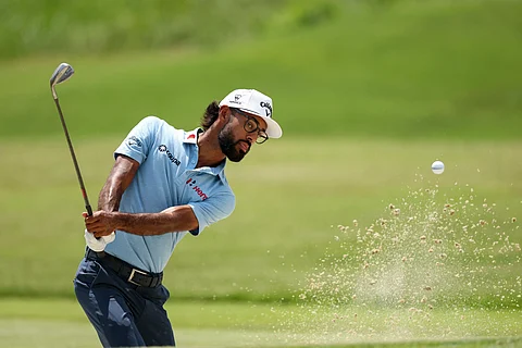 MEMPHIS, TENNESSEE - AUGUST 08: Akshay Bhatia hits out of a greenside bunker on the sixth hole during the second round of the FedEx St. Jude Championship 2025 at TPC Southwind on August 08, 2025 in Memphis, Tennessee.