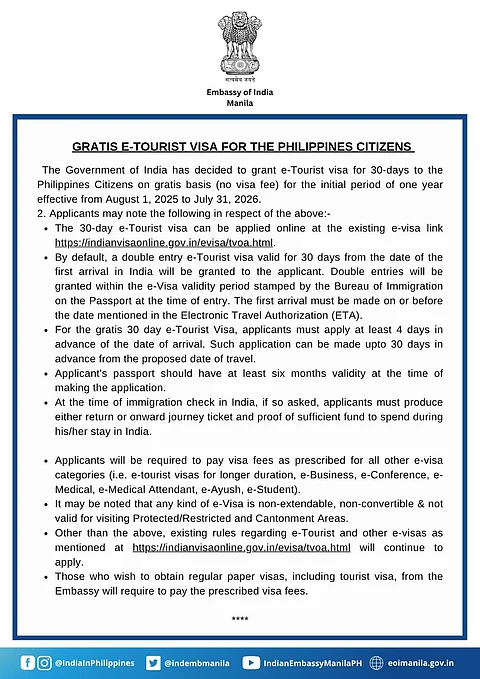 India rolls out free 30-day e-Tourist visa for Filipinos