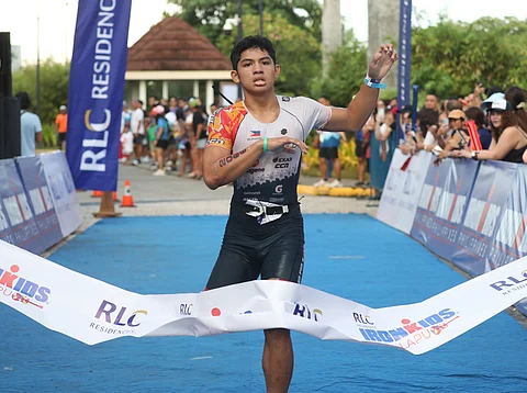 ZACHARY Da Silva crosses the finish line to seal his thrilling win in the RLC Residences IRONKIDS on Saturday at the Beachfront of Dusit Thani in Mactan, Cebu.