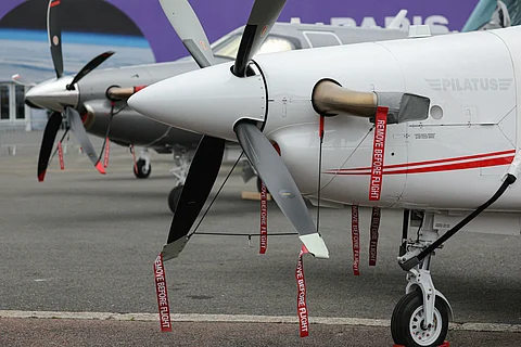 THIS photograph shows the propeller of a PC 12 PRO aircraft presented by Swiss aircraft manufacturer Pilatus Aricraft and displayed during the 55th edition of the International Paris Air Show (Salon international de l'aeronautique et de l'espace - SIAE) at the Paris–Le Bourget Airport, in Le Bourget, suburb of Paris on June 15, 2025.