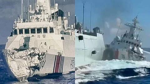 Karmic justice Chinese vessels got entangled after harassing a Philippine Coast Guard ship. China Coast Guard vessel 3104 was rammed by a Chinese PLA Navy warship in an incident near Scarborough Shoal.