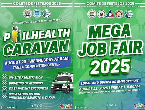 Publication materials of PhilHealth caravan and mega job fair posted by the Municipality of Tanza Facebook page.
